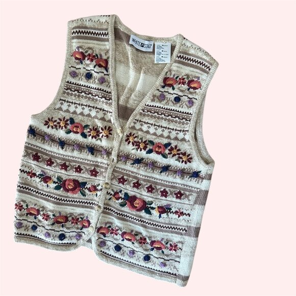 Vintage 90s  Floral Knit Sweater Vest Medium  Button Cottage Granny Embroidered - Picture 1 of 10